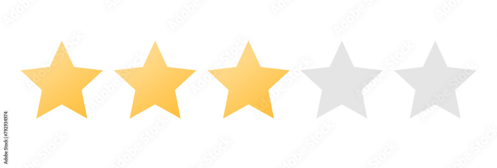 Rating sticker icon with three golden stars on a white background. Flat design. White background. Isolated vector icon. Vector golden background. Vector graphics. Rating sticker icon with three golden stars on a white background. Flat design. White background. Isolated vector icon. Vector golden background. Vector graphics.