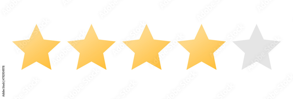 Rating sticker icon with four golden stars on a white background. Flat design. White background. Isolated vector icon. Vector golden background. Vector graphics. Rating sticker icon with four golden stars on a white background. Flat design. White background. Isolated vector icon. Vector golden background. Vector graphics.