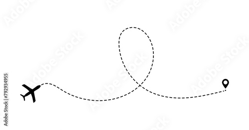 Flight routes Flat ways. Set of dashed airplane trajectory. Travel, distance, route concept.