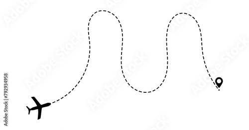 Flight routes Flat ways. Set of dashed airplane trajectory. Travel, distance, route concept.