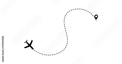 Flight routes Flat ways. Set of dashed airplane trajectory. Travel, distance, route concept.