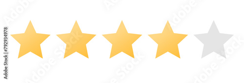 Rating sticker icon with four golden stars on a white background. Flat design. White background. Isolated vector icon. Vector golden background. Vector graphics.