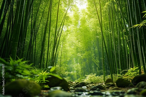 Lush Bamboo Forest with Mossy Rocks 