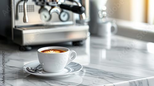 Elegant latte with heart-shaped art in a white cup on a marble countertop, next to a professional espresso machine.