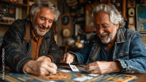 Two senior men playing cards and smiling while sitting at the table in their room
