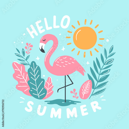 vector illustration of Hello summer with text and cute animals 