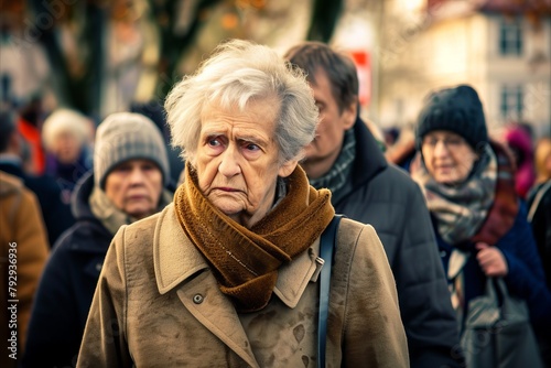 Portrait of an elderly woman with gray hair on the street.