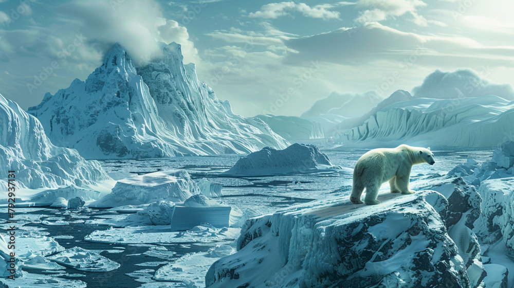 north pole landscape,  polar bear in polar regions, winter season - obrazy, fototapety, plakaty 