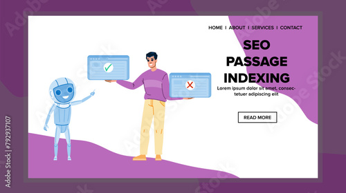 content seo passage indexing vector. google algorithm, keywords website, visibility traffic content seo passage indexing web flat cartoon illustration
