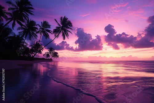 Sunset on a Tropical Beach with Palm Trees