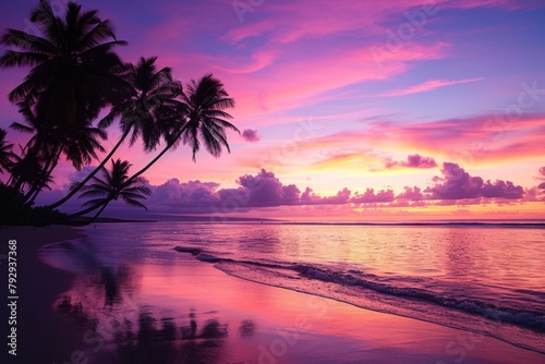 Sunset on a Tropical Beach with Palm Trees