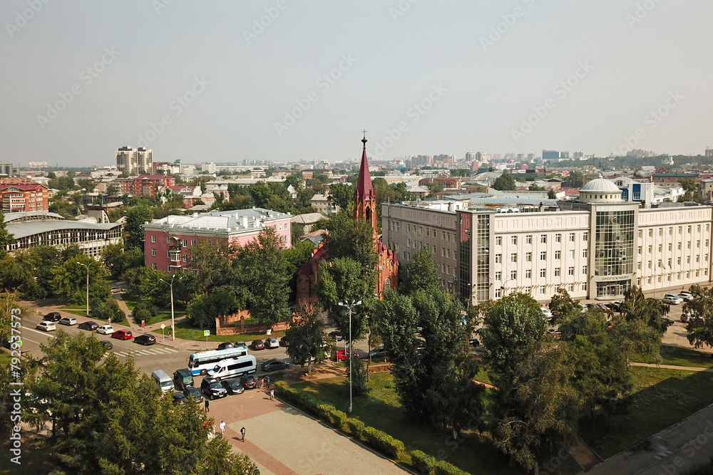 Aerial view of the Church of the Assumption of the Virgin Mary in Irkutsk
