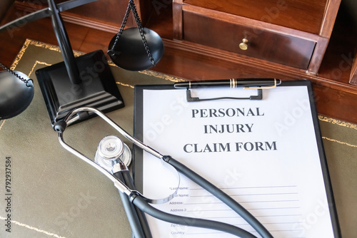 Legal Personal Injury Claim Form with Scales of Justice.