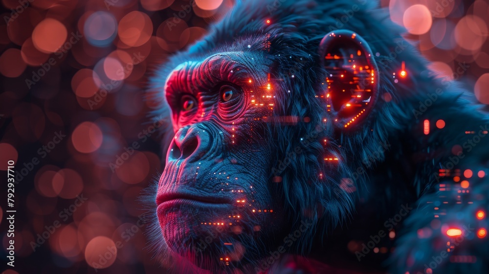 Associated with strong technology, futuristic colourful gorilla head comes in the form of an ape combined with an electronic board