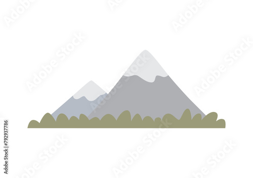 Snow-capped mountains with a forest, flat vector illustration on a white background.