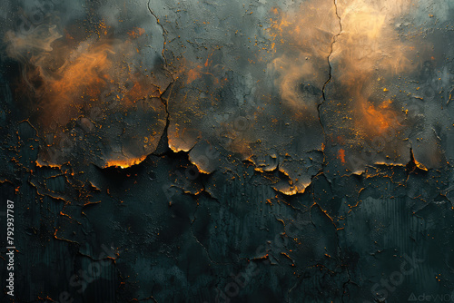 Abstract dark gray and gold painting, rough texture, dark clouds and light beams. Created with Ai photo