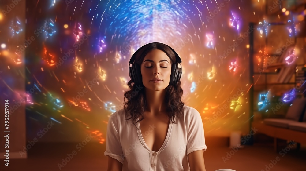 Healing Sounds and Sound Therapy. sound vibrations open, clear, and balance chakras and energy. Woman in headset in sound healing therapy and meditation.