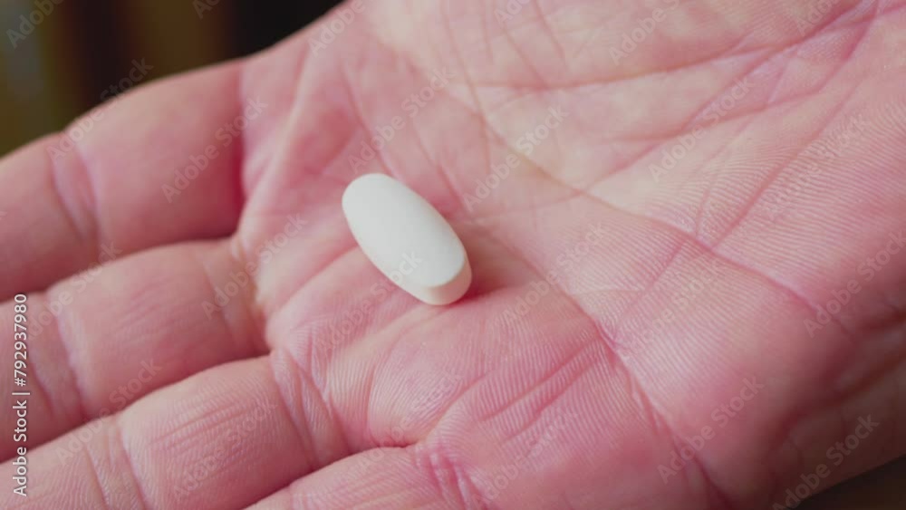 Extreme Close Up Shot. Pill in Opening Hand.The hand is holding a large white pill. Extreme Close Up Shot. Pill in Opening Hand.The hand is holding a large white pill.
