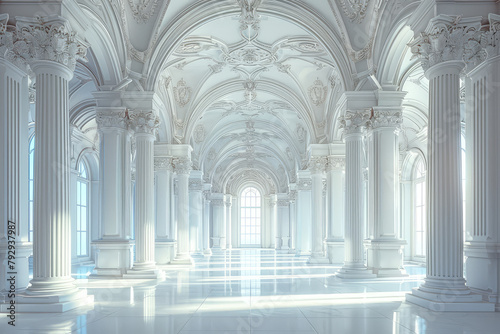 A white marble palace interior with an endless row of columns and arches, bathed in soft light. Created with Ai