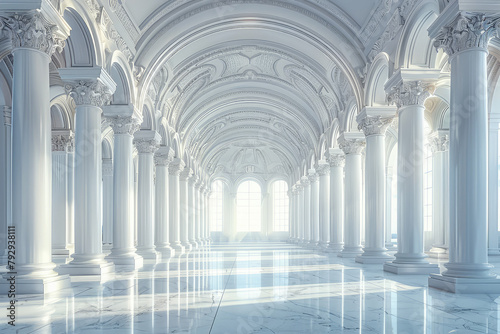 A large white marble corridor with arched columns. Created with Ai © Creative Stock 