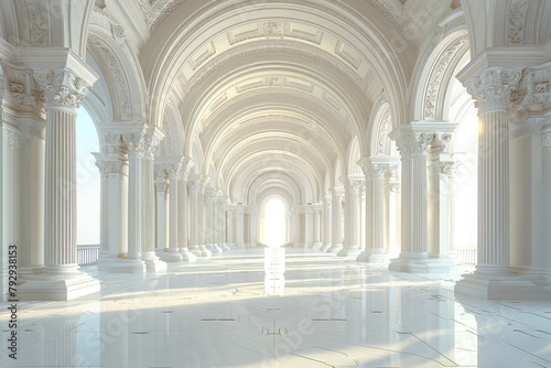 A white marble palace with columns and arches, bathed in sunlight. Created with Ai