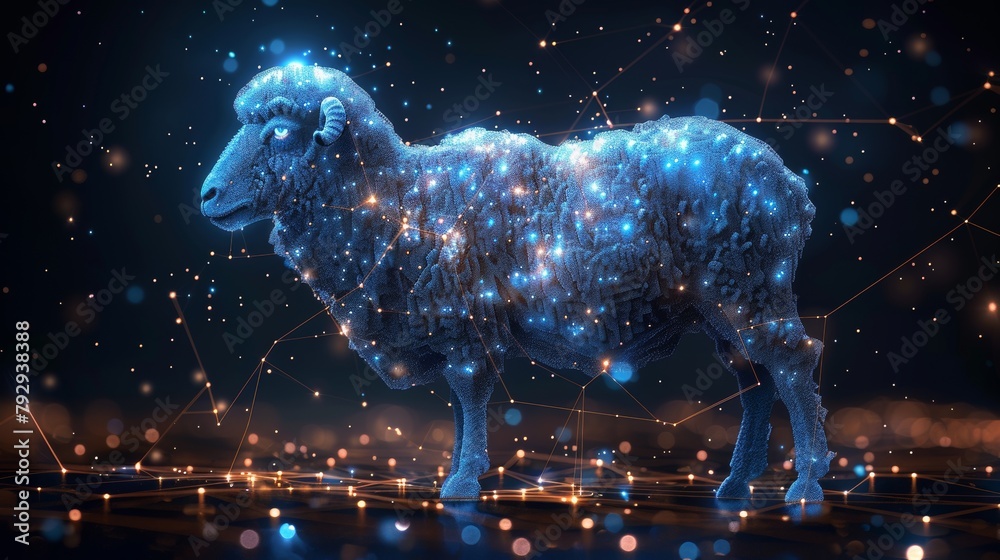 The aries horoscope sign in twelve zodiac signs with a galaxy stars background and a wireframe sheep graphic