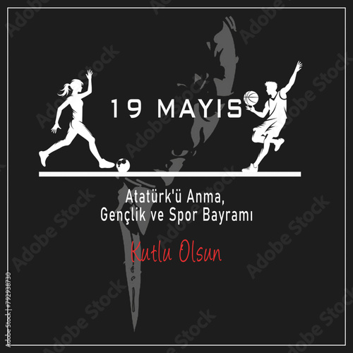 19 Mayis Ataturk'u Anma, Genclik ve Spor Bayrami or , commemorating Ataturk, Youth and Sports Day. It features a silhouette of Ataturk and dynamic images of athletes, symbolizing the energy