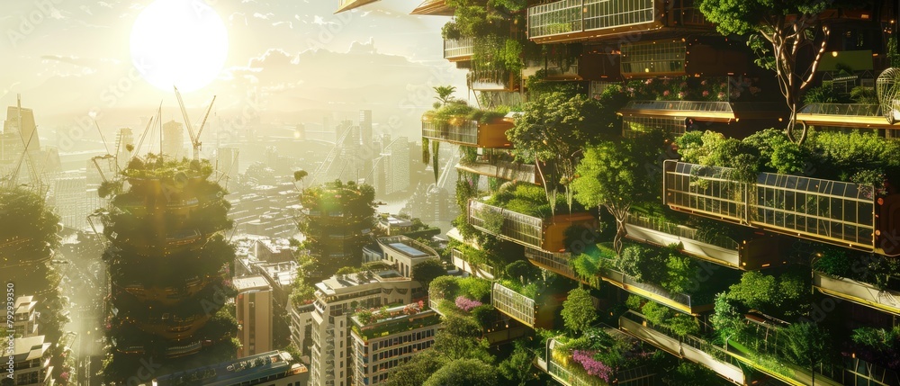 Aerial shot of a solarpunk district with vertical gardens and renewable energy sources, under clear sunny skies,