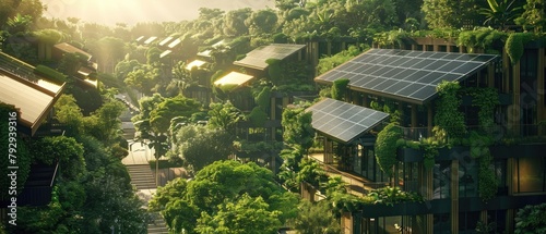 Sunlit solar panel arrays integrated into a lush, green solarpunk residential area, © Pungu x