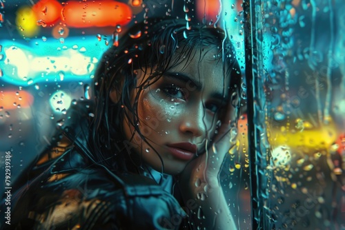 Closeup of a cyberpunk woman in a black leather jacket, looking through a window draped with heavy raindrops, neon signs flickering outside,