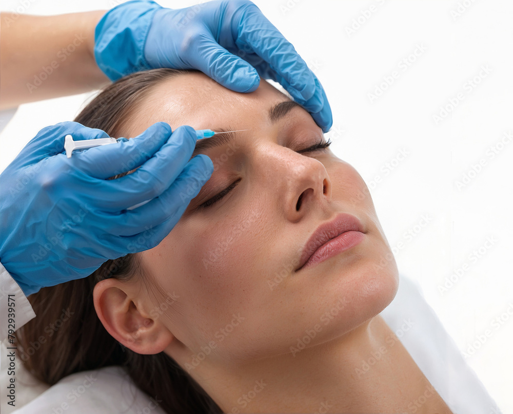 A woman getting injection procedure on her forehead in a beauty salon. A doctor wearing blue gloves performs a invasive procedure of injecting fillers. White background. A woman getting injection procedure on her forehead in a beauty salon. A doctor wearing blue gloves performs a invasive procedure of injecting fillers. White background.