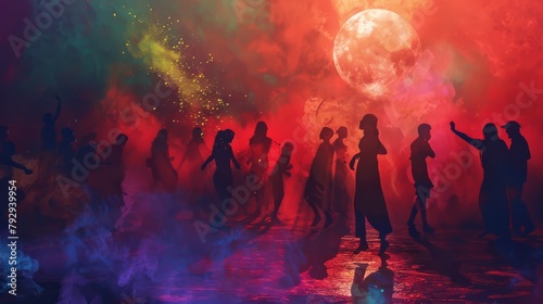 the Holi celebrations in Delhi. Silhouettes of revelers dance and throw colored powder against a backdrop of a full moon casting an ethereal glow over the city. 