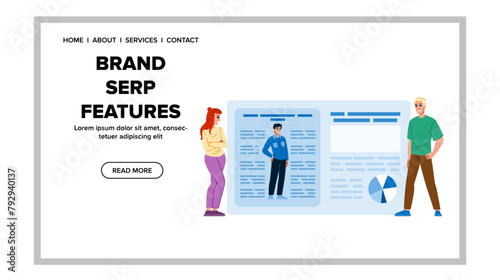 search brand serp features vector. engine results, page snippet, panel carousel search brand serp features web flat cartoon illustration