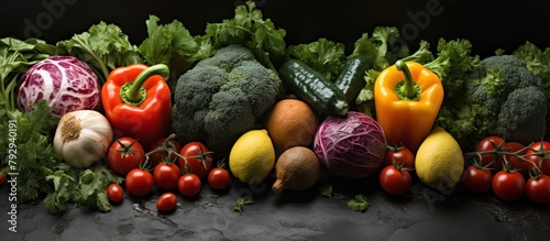 Composition with variety of raw organic vegetables on dark background. Balanced diet