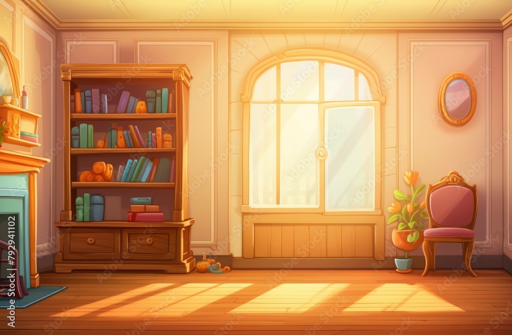 Warm Storybook Interior with Bookshelf and Fireplace Illustration