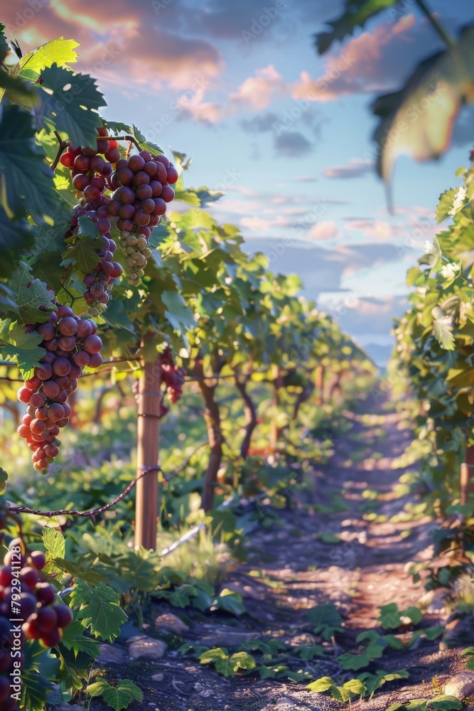 small grape vineyard ripe grapes warm sunlight green leaves harvest peaceful atmosphere