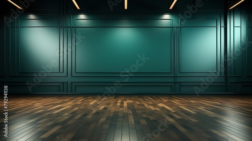 Empty room with green wall and wooden floor 