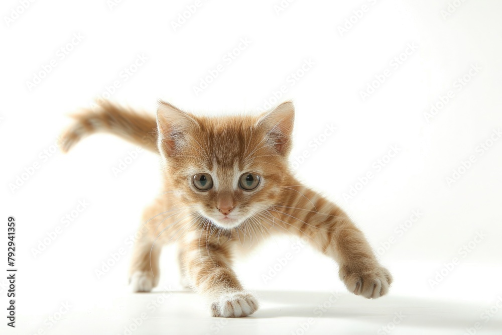 Fototapeta premium Whimsical charm of a playful kitten, batting at sunbeams and chasing imaginary foes, isolated on pure white background.