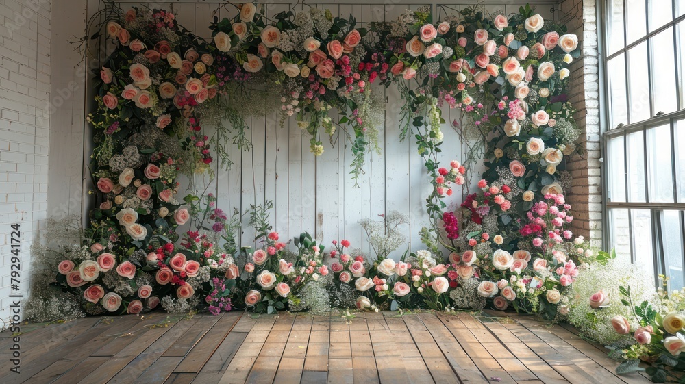Naklejka premium The wedding background and room for studio photos are filled with beautiful flower decorations
