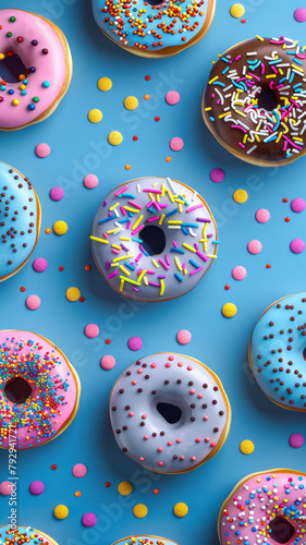 Colorful Doughnuts Delight, Sweet Treats on Blue Background