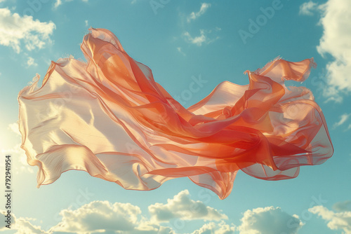 A scene showing a large, flat banner with a geometric pattern that appears to wave in the wind, desp photo