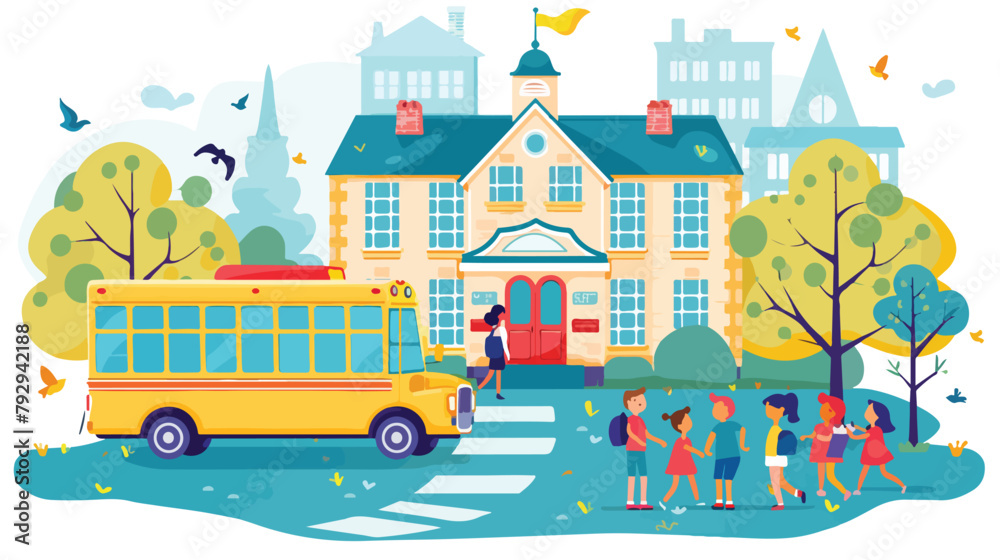 School building with children in yard and yellow bus