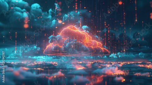 Digital Shield Lighting, Create an enchanting scene depicting a glowing cloud network protected by digital shields.