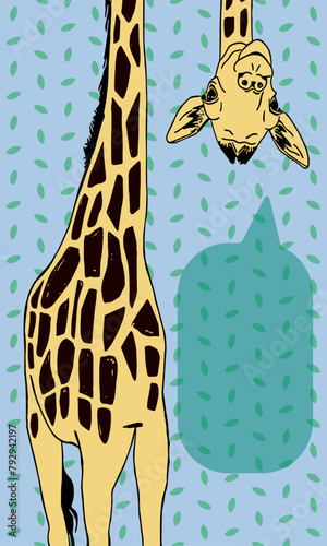 Funny giraffe with head upside down.  Talking giraffe Vector with patterned leaf background and speech bubble. 