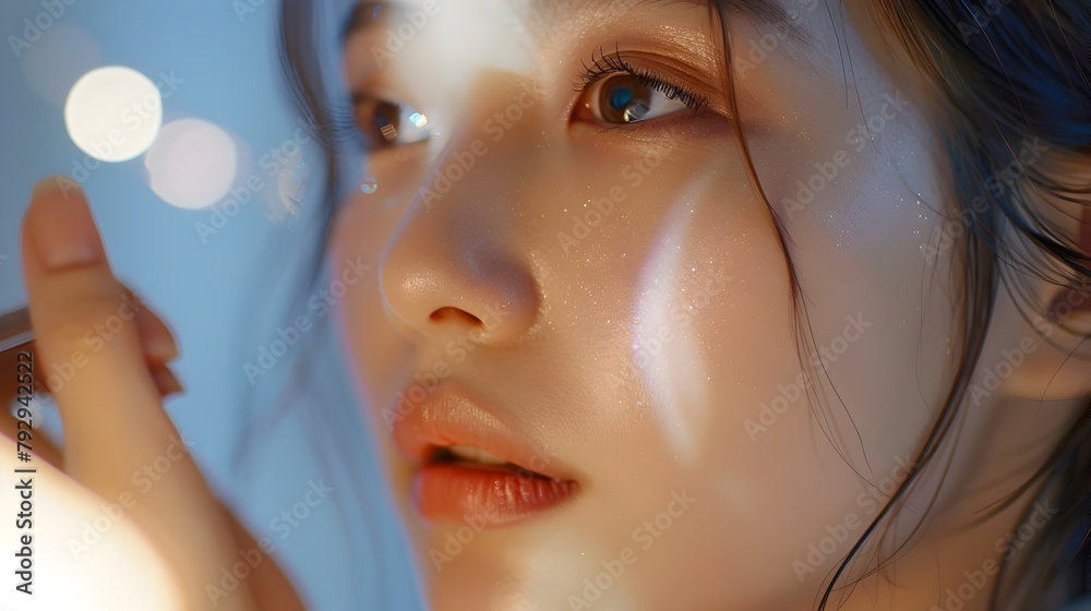 Korean Woman Completes Makeup Routine with a Radiant Highlighter Finish Korean Woman Completes Makeup Routine with a Radiant Highlighter Finish