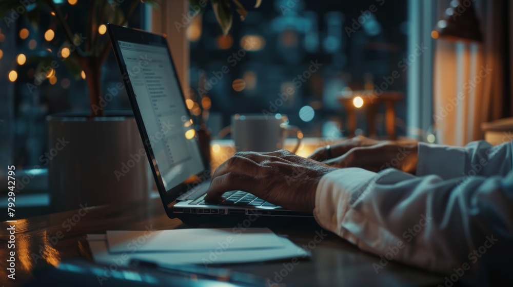 Nighttime laptop, hands, and professional typing journalist narrative, customer experience review, and copywriting. Editors and reporters verify web articles, press releases, and news editing. - obrazy, fototapety, plakaty 