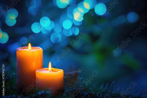 Vibrant candles against a deep blue backdrop, with bokeh orbs adding enchantment.