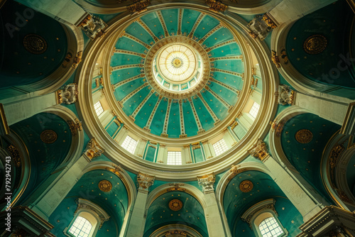 An image of a ceiling with a painted illusion of a dome, using gradients and shading to create a sen photo