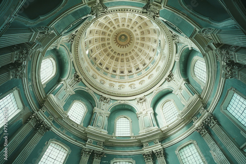 An image of a ceiling with a painted illusion of a dome, using gradients and shading to create a sen