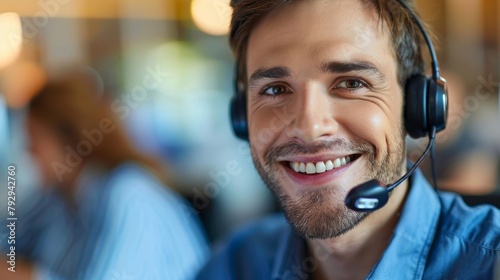 Phone call with telemarketing workers in contact us agency for consultant advice in customer service call. Sales consultation with CRM, operator, and male customer support